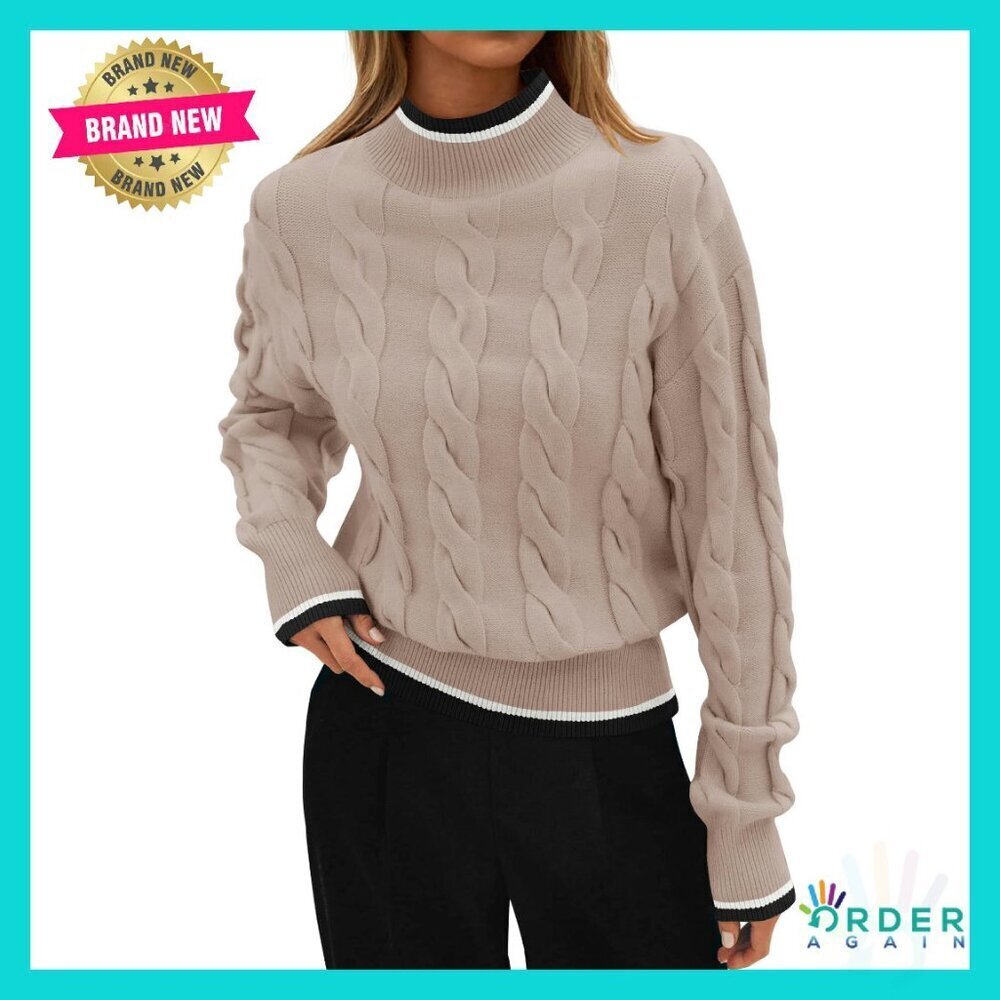 Chunky Cable Knit Pullover Sweater Mock Neck Long Sleeve Loose Fit Y2K